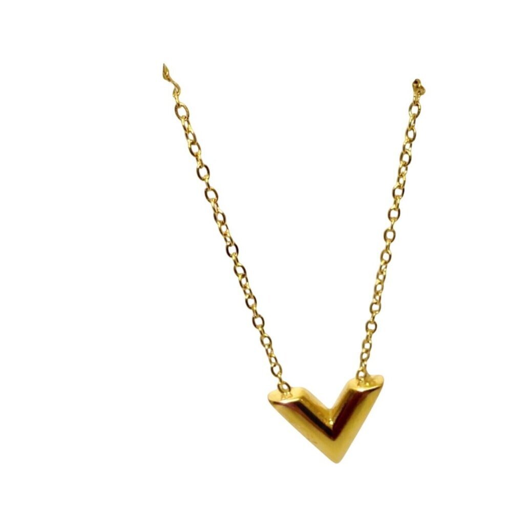 18K Gold Plated Stainless Steel V Pendant Necklace Womens - Picture 5 of 7